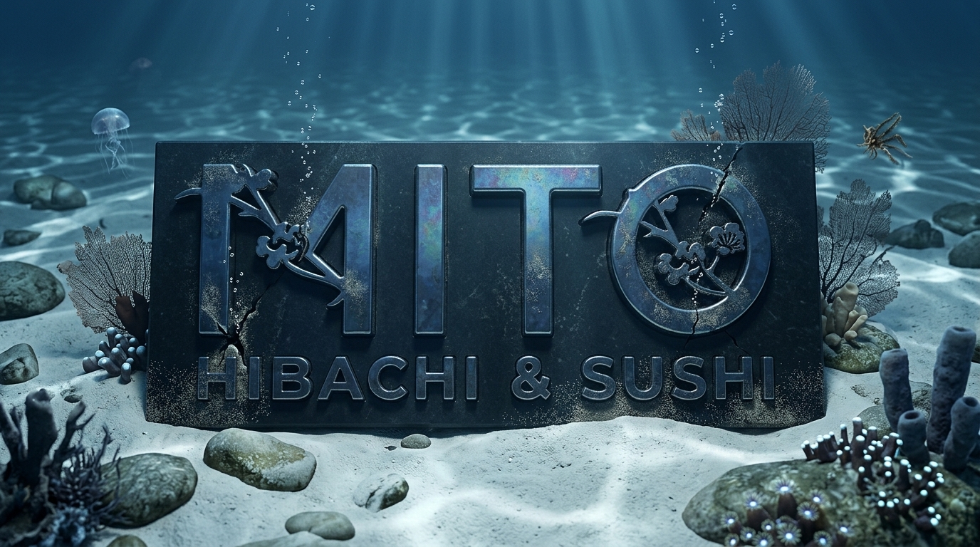 Mito Hibachi and Sushi logo resting on the ocean floor